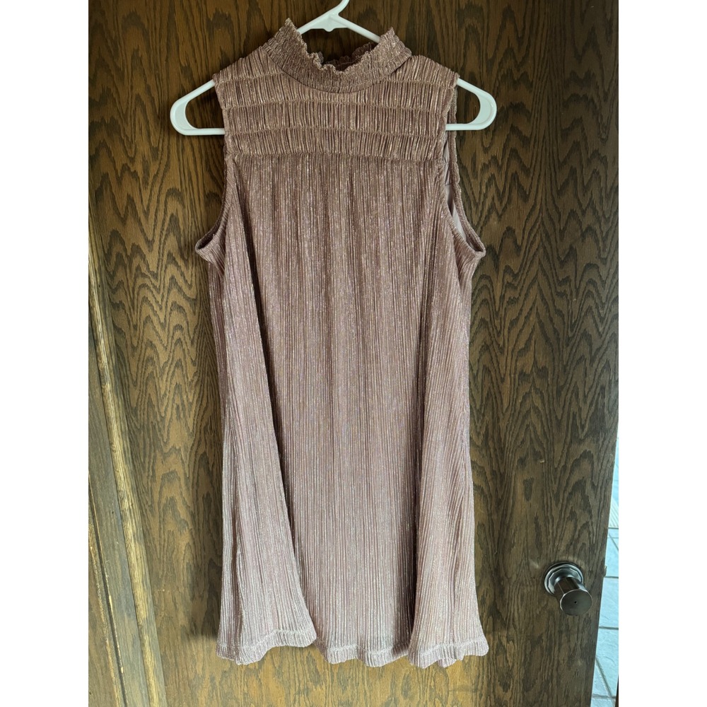 Nine‎ West Metallic Pleated Mock Neck Sleeveless Shift Dress Rose Gold Size S